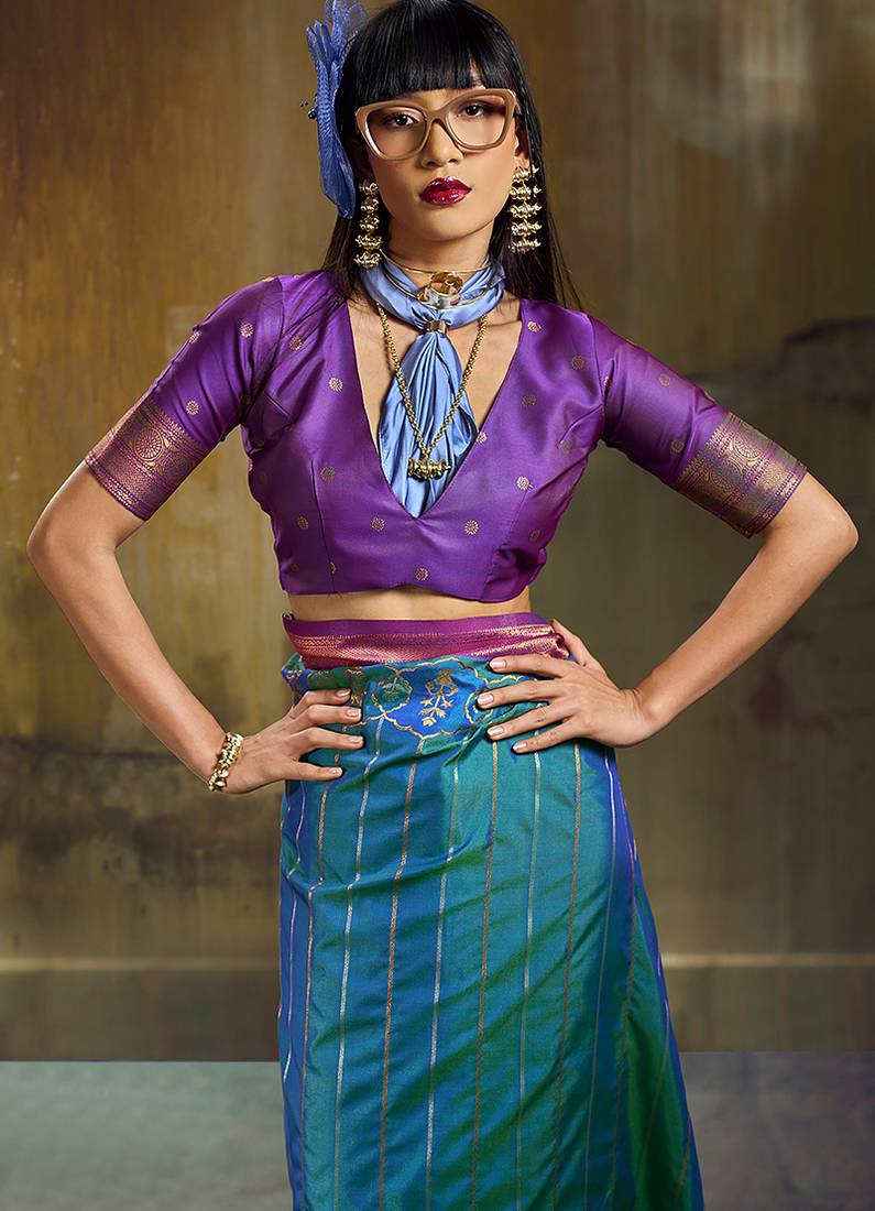 Peacock blue pochampally silk blend handloom saree with zari border