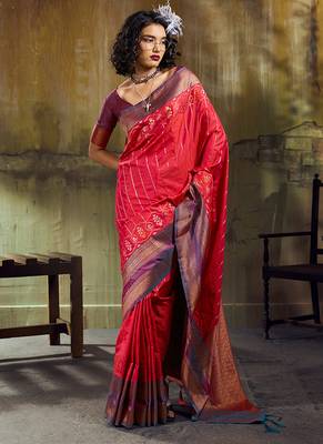 Red pochampally silk blend handloom saree with zari border 1