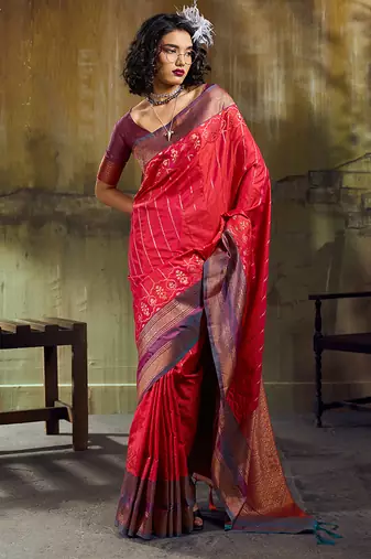 Red pochampally silk blend handloom saree with zari border