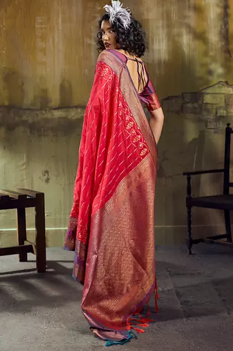 Red pochampally silk blend handloom saree with zari border