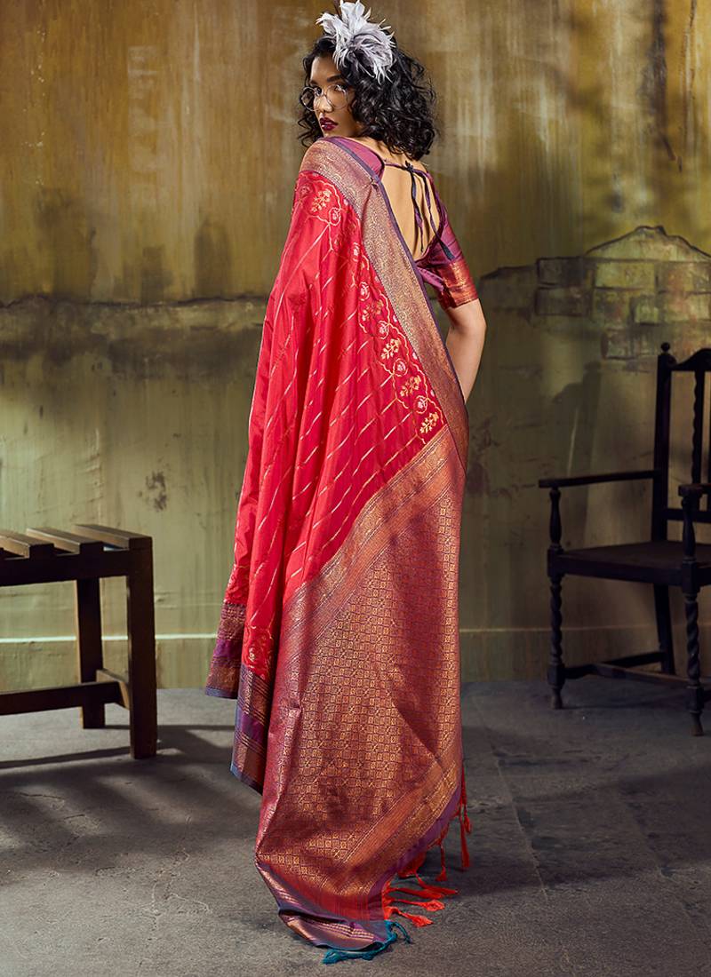 Red pochampally silk blend handloom saree with zari border
