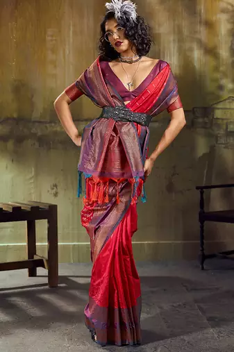 Red pochampally silk blend handloom saree with zari border