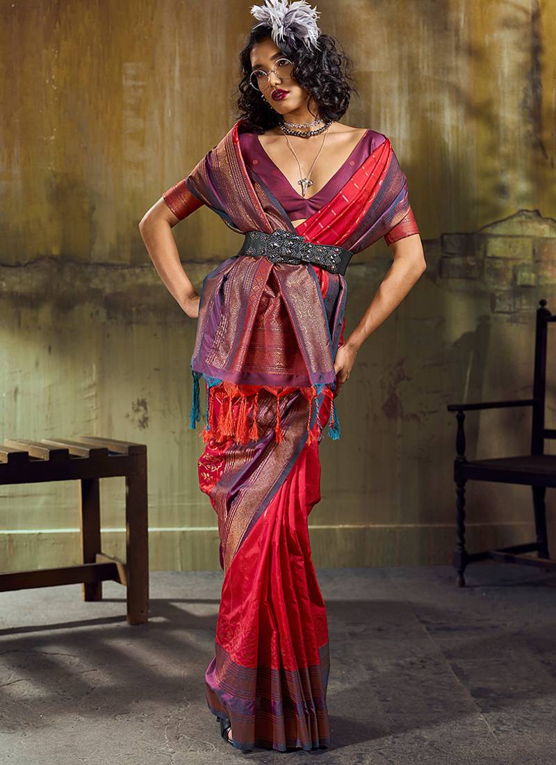 Red pochampally silk blend handloom saree with zari border
