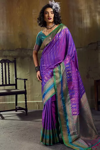 Purple pochampally silk blend handloom saree with zari border
