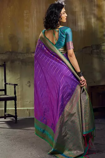Purple pochampally silk blend handloom saree with zari border