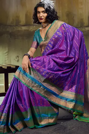 Purple pochampally silk blend handloom saree with zari border