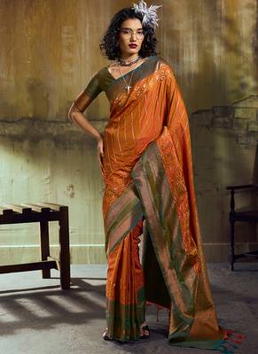 Rust pochampally silk blend handloom saree with zari border 1
