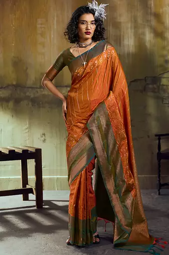 Rust pochampally silk blend handloom saree with zari border
