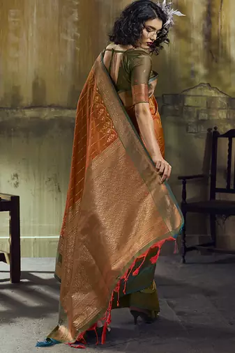 Rust pochampally silk blend handloom saree with zari border