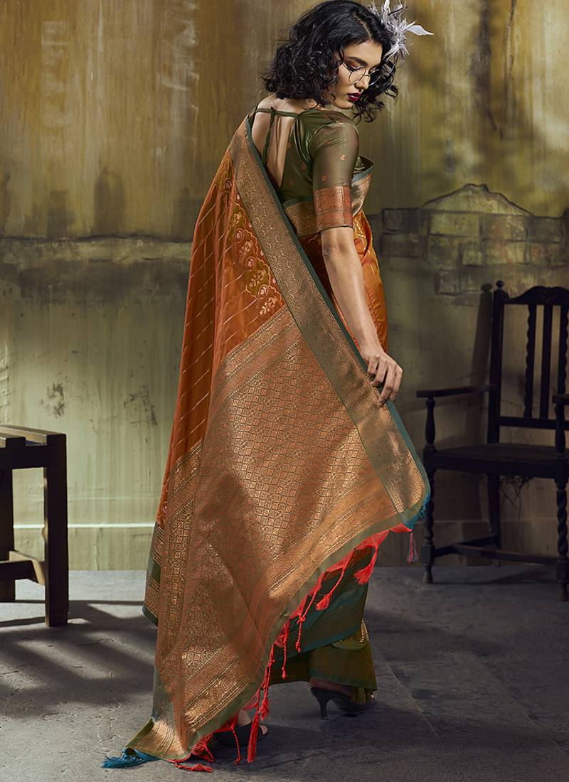 Rust pochampally silk blend handloom saree with zari border