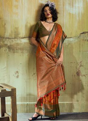 Rust pochampally silk blend handloom saree with zari border 3