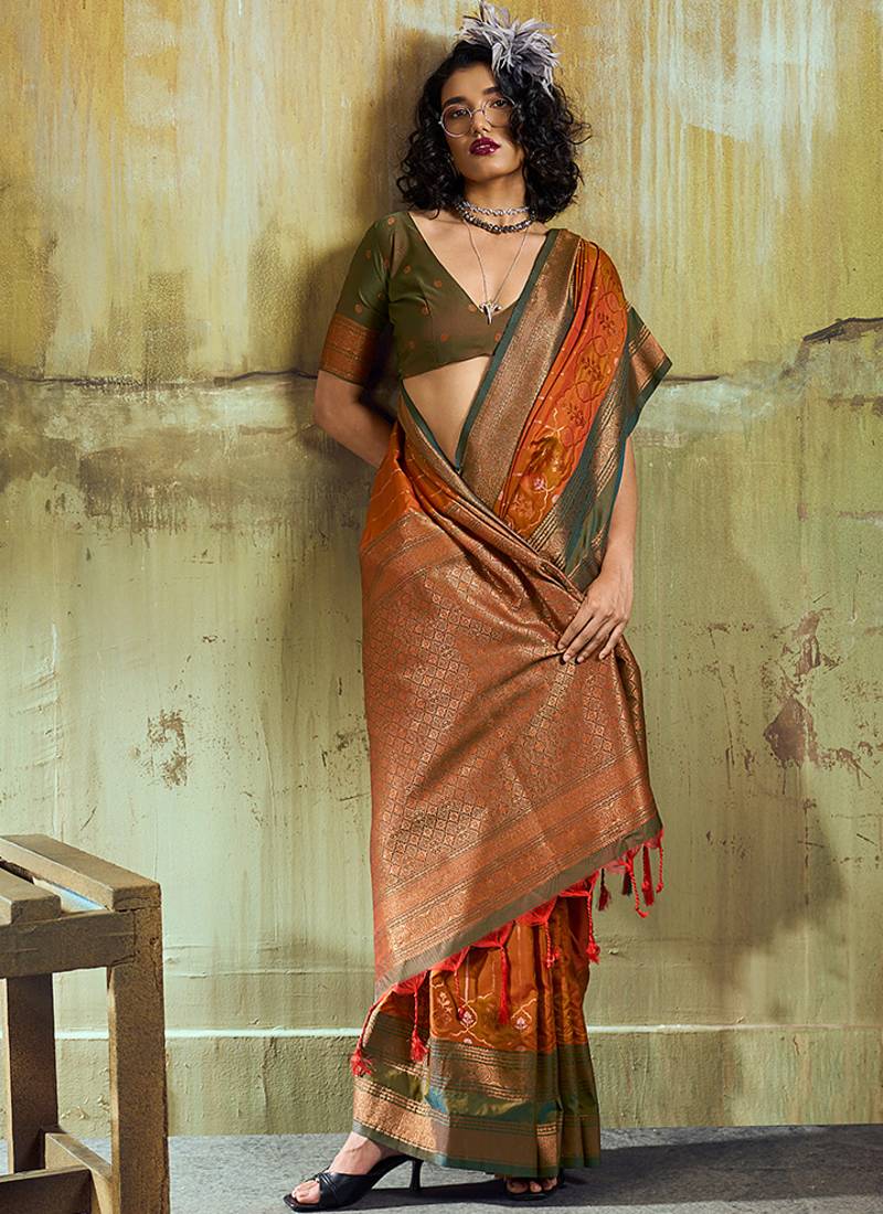 Rust pochampally silk blend handloom saree with zari border