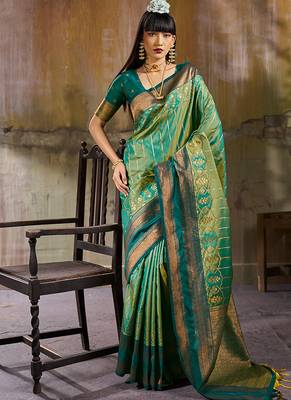 Sea green pochampally silk blend handloom saree with zari border 1