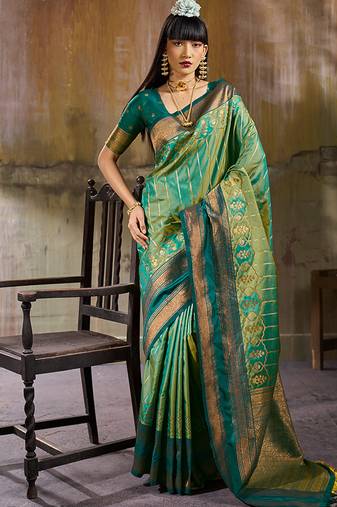 Sea green pochampally silk blend handloom saree with zari border
