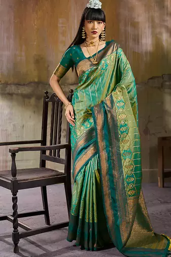 Sea green pochampally silk blend handloom saree with zari border