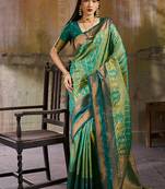 Sea green pochampally silk blend handloom saree with zari border