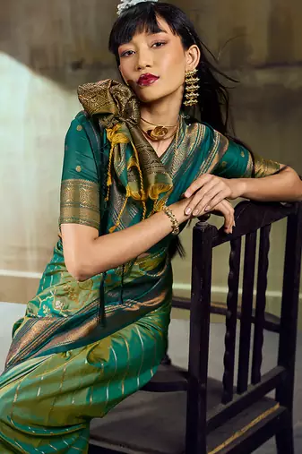 Sea green pochampally silk blend handloom saree with zari border