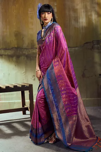 Magenta pochampally silk blend handloom saree with zari border