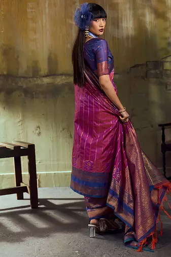 Magenta pochampally silk blend handloom saree with zari border