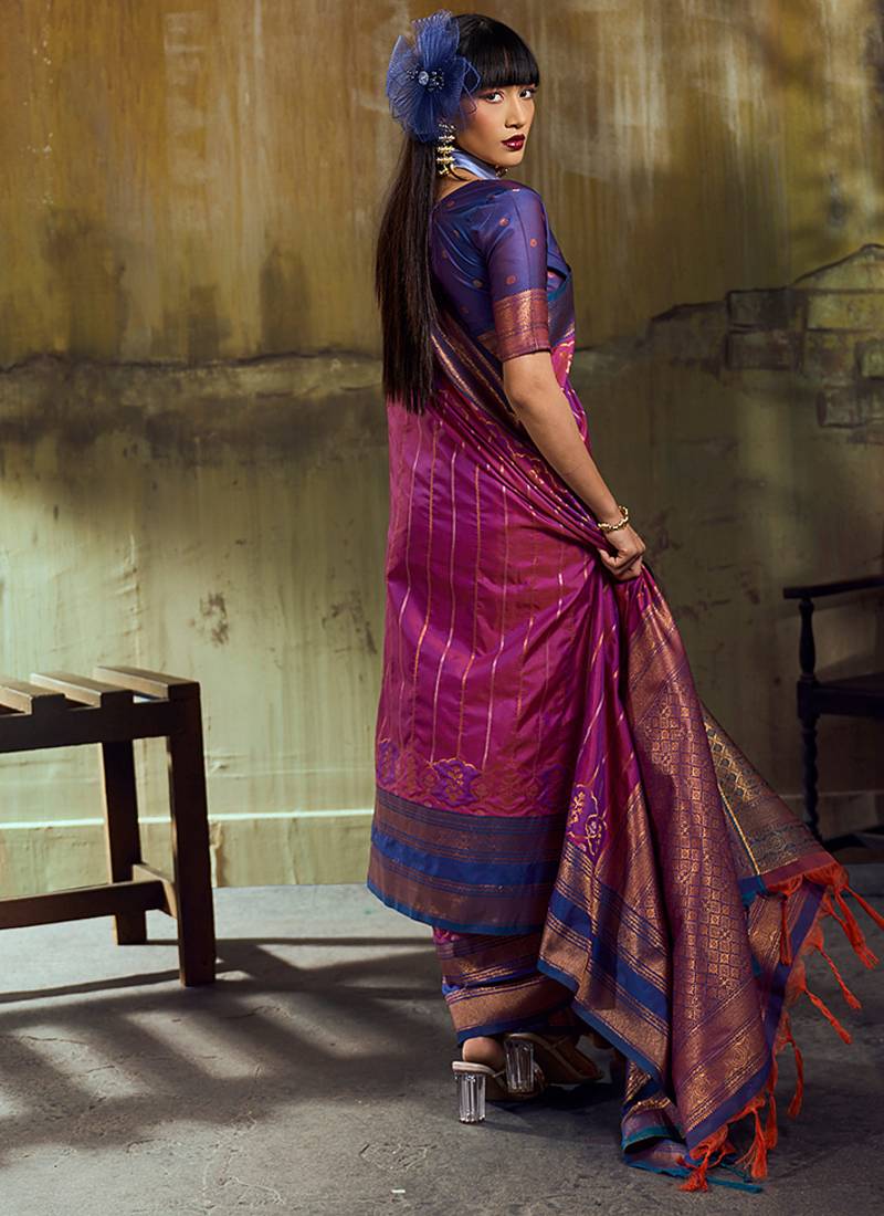Magenta pochampally silk blend handloom saree with zari border