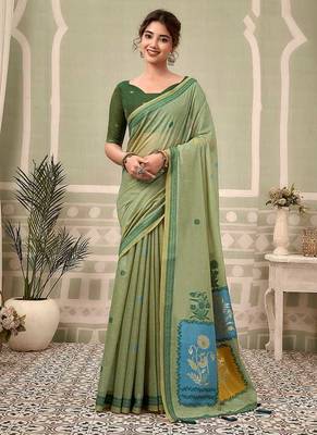 Mint green cotton blend floral printed saree 1