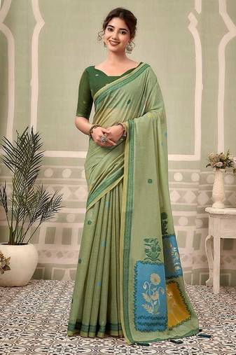 Mint green cotton blend floral printed saree