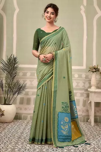 Mint green cotton blend floral printed saree