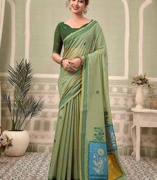 Mint green cotton blend floral printed saree