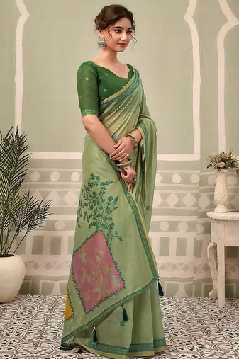 Mint green cotton blend floral printed saree