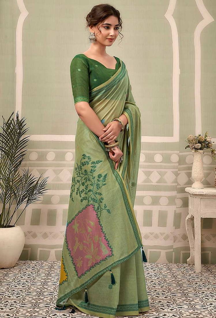 Mint green cotton blend floral printed saree