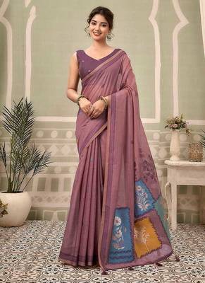 Dusty mauve cotton blend floral printed saree 1