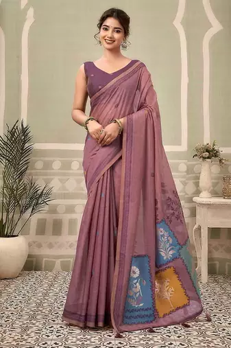Dusty mauve cotton blend floral printed saree