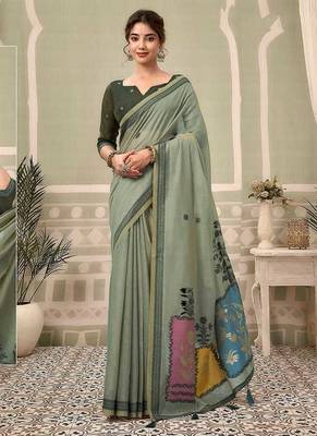 Sage green cotton blend floral printed saree 1