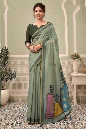 Sage green cotton blend floral printed saree