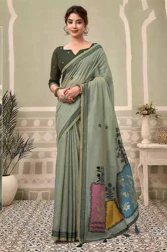 Sage green cotton blend floral printed saree