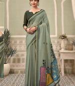 Sage green cotton blend floral printed saree