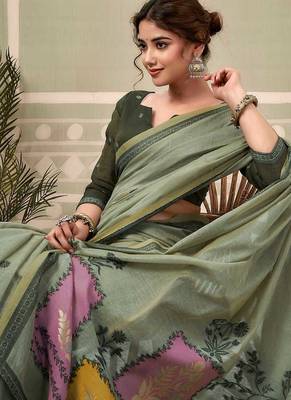 Sage green cotton blend floral printed saree 3