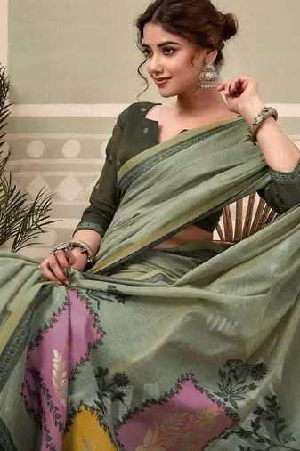 Sage green cotton blend floral printed saree
