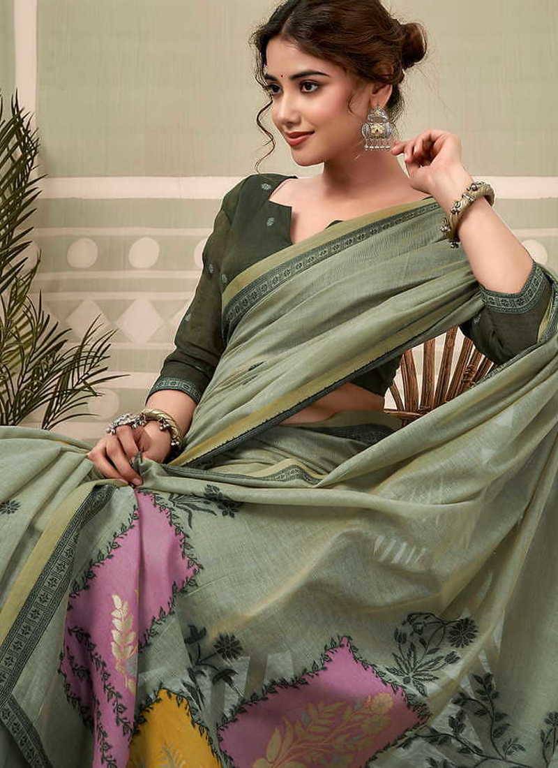 Sage green cotton blend floral printed saree