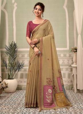Beige cotton blend floral printed saree 1