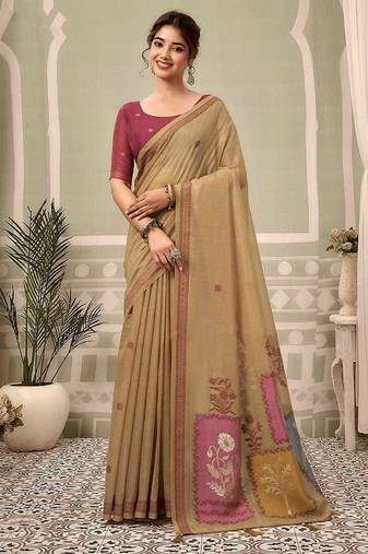 Beige cotton blend floral printed saree