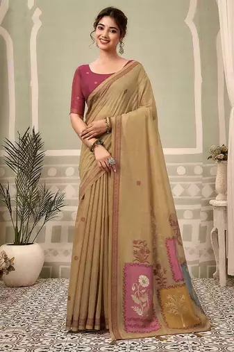 Beige cotton blend floral printed saree