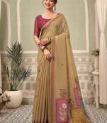 Beige cotton blend floral printed saree