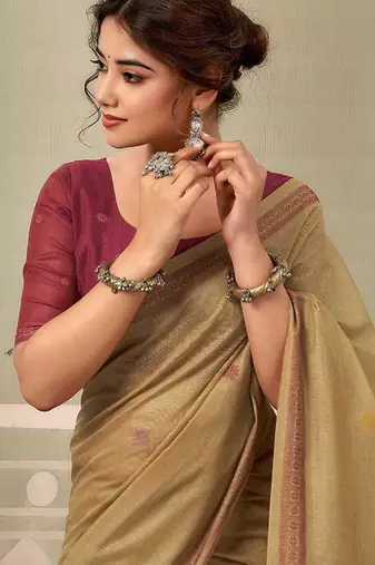 Beige cotton blend floral printed saree