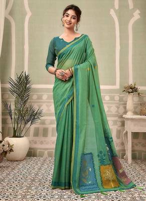 Sea green cotton blend floral printed saree 1