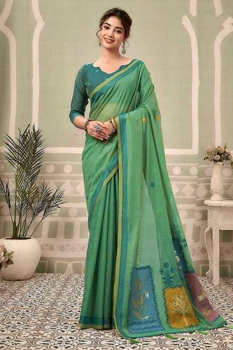 Sea green cotton blend floral printed saree