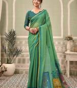 Sea green cotton blend floral printed saree