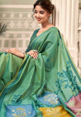 Sea green cotton blend floral printed saree 2