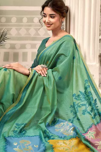 Sea green cotton blend floral printed saree