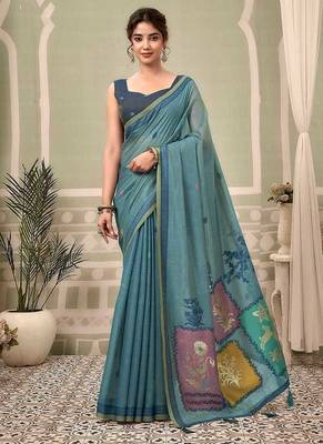 Steel blue cotton blend floral printed saree 1